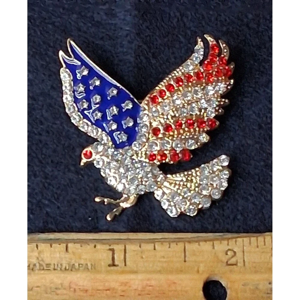 Patriotic‎ USA 250th American Bald Eagle Rhinestone Brooch Gold-tone